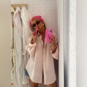 Djerf Avenue Poplin Classic Shirt Pink Stripe in S